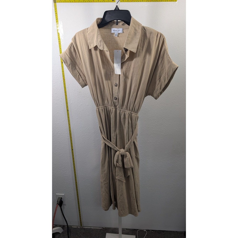 Gilli Tan Khaki Button Up Midi Dress Short Sleeve Belted Safari Style Small NWT‎